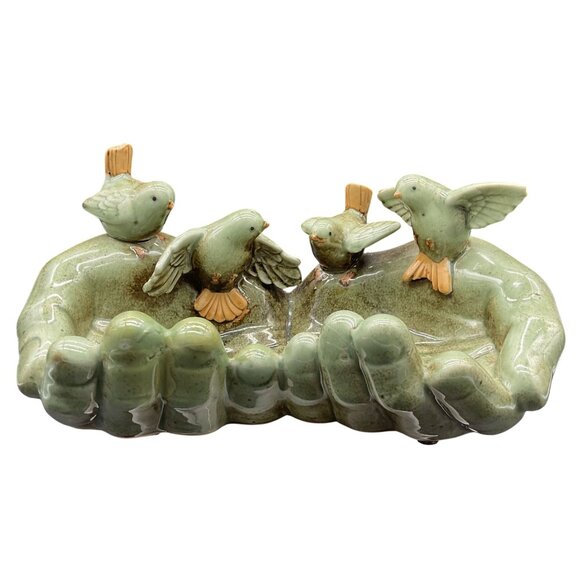 Vtg Art Pottery Ceramic Bird Feeder Sculpture Trinket Dish With Birds On Hands - Picture 1 of 6